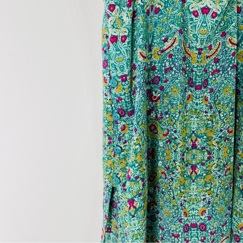Anthropologie Maeve green pink silk floral boho strappy button tunic top 6 - Picture 7 of 11